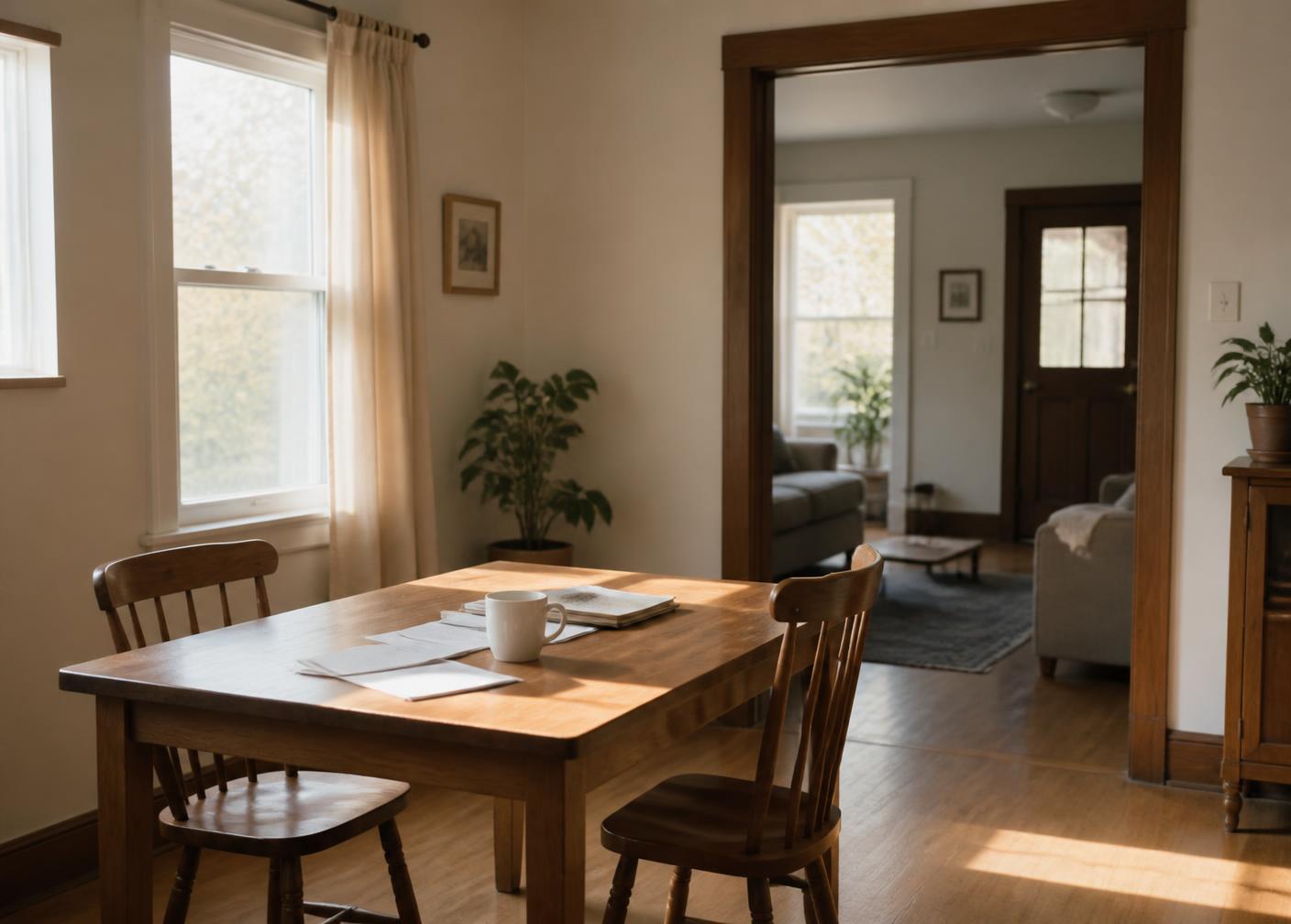 Sunlit dining table in a Houston home with paperwork and a coffee cup